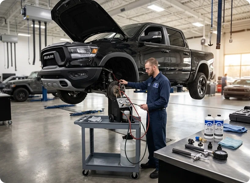 A Briggs Dodge Ram Fiat technician running a brake bleeder cart beside a black Ram 1500 raised on a lift with its hood open, bottles of brake fluid staged on the bench nearby