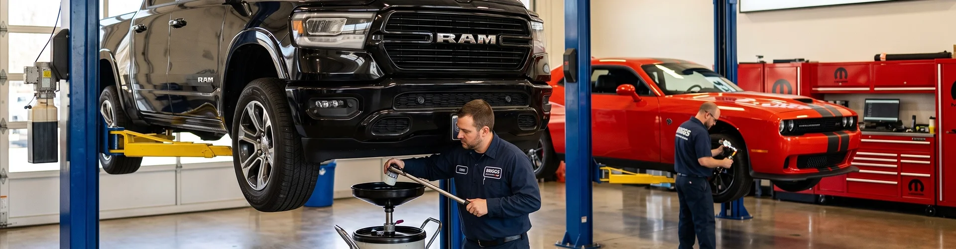 A black Ram 1500 raised on a two-post lift in the Briggs Dodge Ram Fiat shop while a technician works beneath it with a drain funnel and fluid caddy, a red Dodge Challenger on the lift in the next bay with a second technician at its front wheel and red Mopar tool chests along the back wall