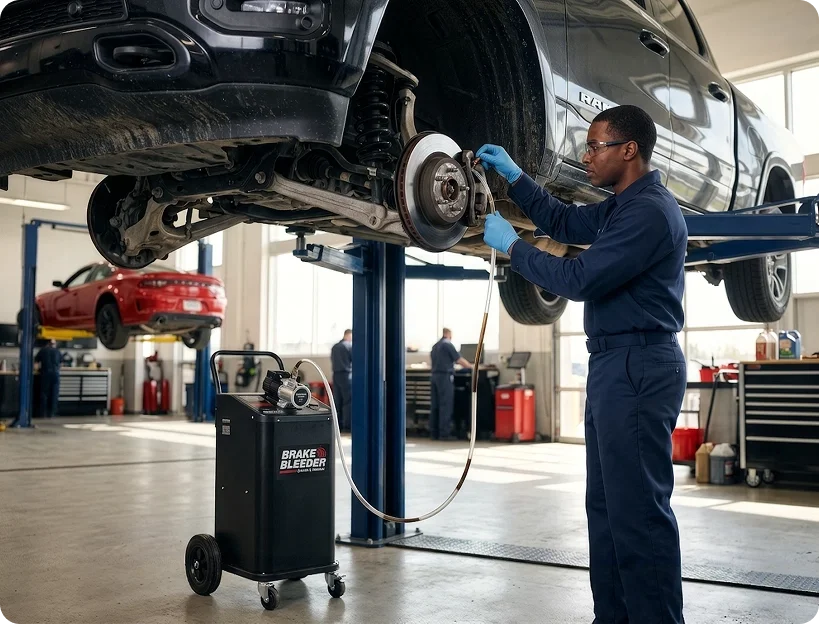 A Briggs Dodge Ram Fiat technician working on the exposed front brake rotor and caliper of a vehicle raised on a lift, a brake bleeder machine standing on the shop floor below