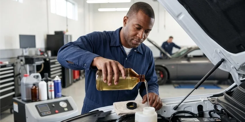 A Briggs Dodge Ram Fiat technician pouring fresh brake fluid from a bottle into the master cylinder reservoir under an open hood