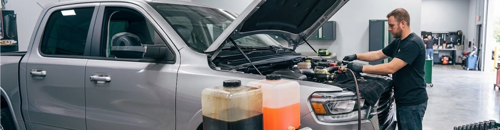 A Briggs Dodge Ram Fiat technician working under the raised hood of a silver Ram 1500 with coolant jugs staged on the shop floor beside the front bumper
