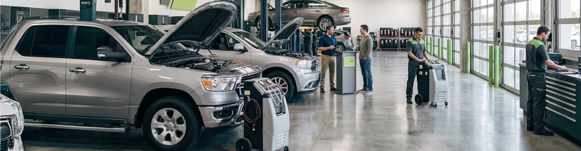 A wide view of the Briggs Dodge Ram Fiat shop with a silver Ram on a coolant exchange machine, other vehicles in the bays behind and technicians working across the floor