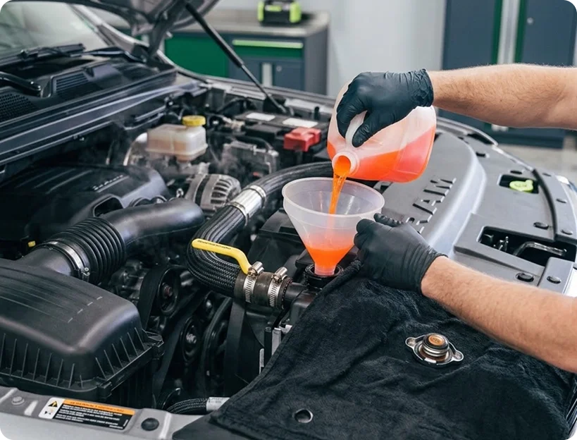 A gloved Briggs Dodge Ram Fiat technician pouring orange coolant through a funnel into the reservoir of an open engine bay
