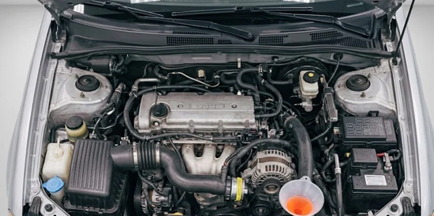 An overhead view of an open engine bay showing the radiator, coolant reservoir, hoses and belts of the cooling system