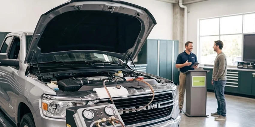 A Briggs Dodge Ram Fiat service advisor talking with a customer beside a silver Ram with its hood raised in the service drive