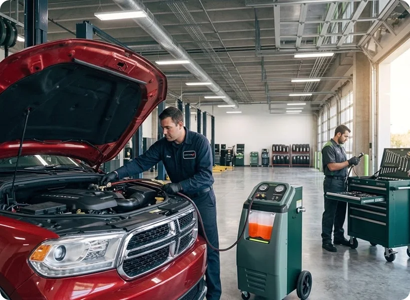 Two Briggs Dodge Ram Fiat technicians servicing the cooling system of a red Ram with its hood up, a coolant exchange machine connected at the front bumper
