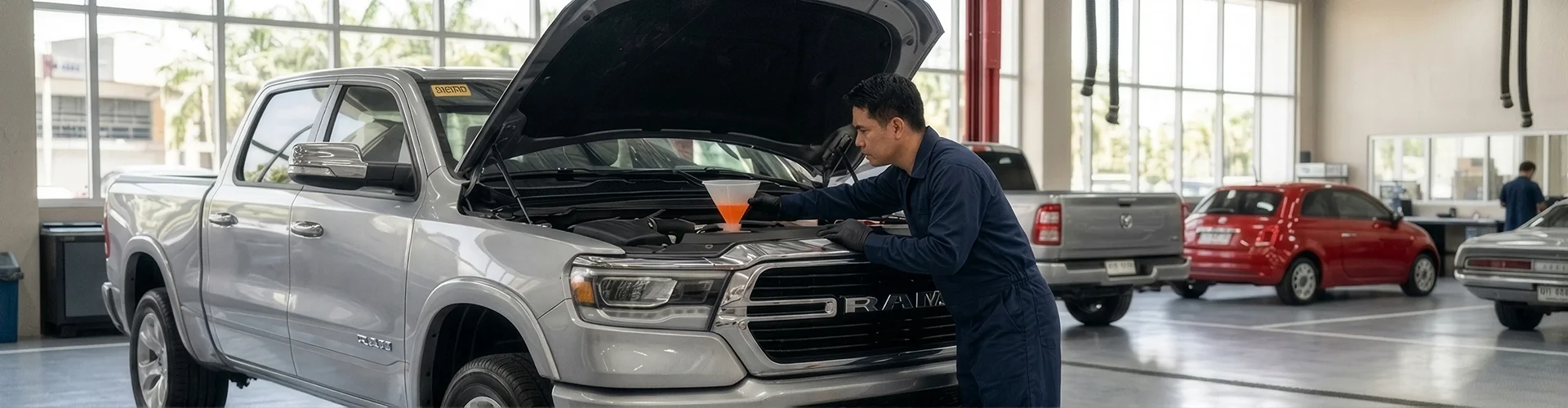 A Briggs Dodge Ram Fiat technician filling the cooling system through an orange funnel under the raised hood of a silver Ram 1500, with a gray Ram and a red Fiat 500 in the glass-walled bays behind him