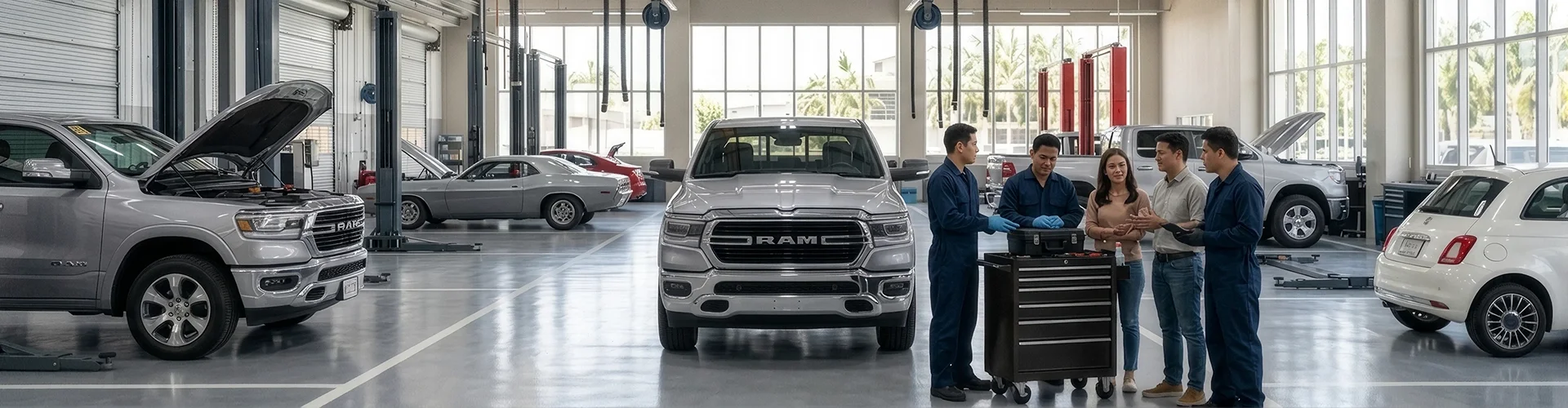Two Briggs Dodge Ram Fiat technicians talking with customers around a tool cart beside a silver Ram 1500 in the shop, with another Ram under an open hood, a Dodge Challenger and a white Fiat 500 in the surrounding bays