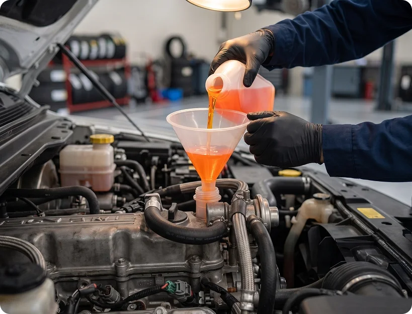 A gloved Briggs Dodge Ram Fiat technician pouring orange coolant through a funnel into the reservoir of an open engine bay