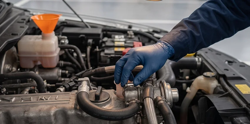 A blue-gloved Briggs Dodge Ram Fiat technician reaching for the coolant fill cap in an open engine bay, an orange funnel resting in the reservoir beside it
