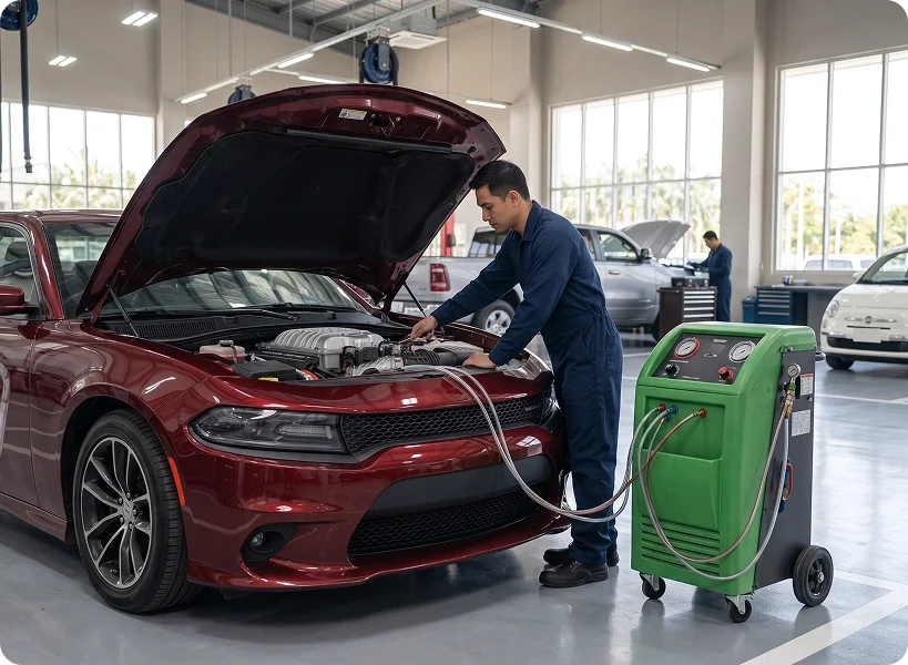 A Briggs Dodge Ram Fiat technician connecting a green coolant exchange machine by hose to a dark red Dodge Charger with its hood raised in the service bay