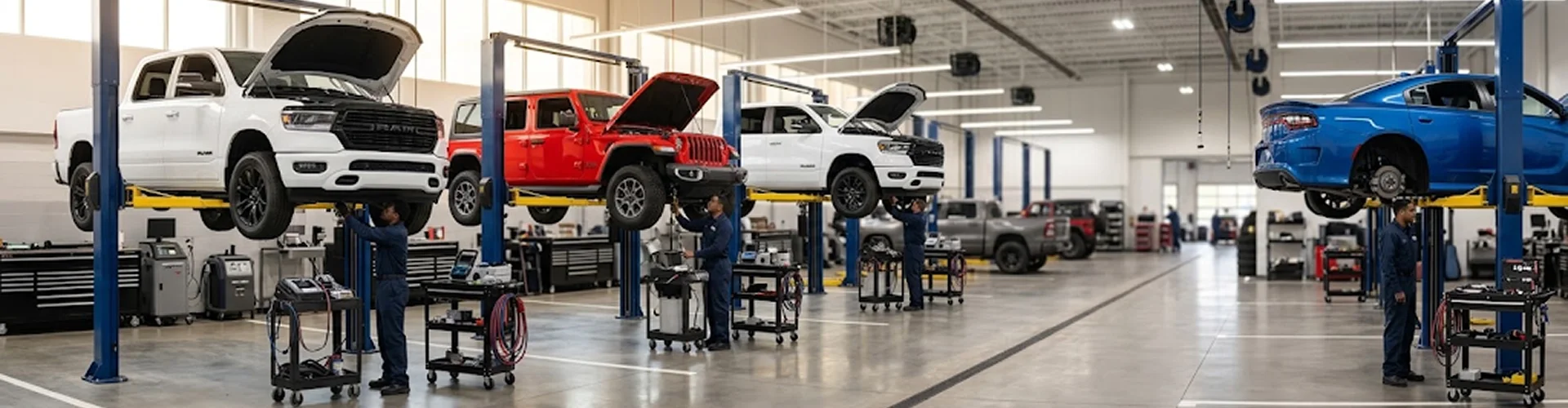 Four vehicles raised on lifts across the Briggs Dodge Ram Fiat shop with their hoods open, a white Ram, a red Jeep Wrangler, a grey Ram and a blue Dodge Charger, technicians running diagnostics at each bay