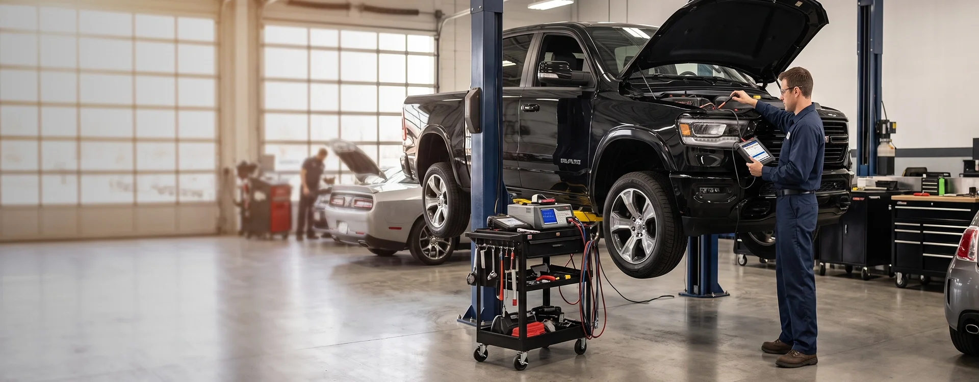 A Briggs Dodge Ram Fiat technician running engine diagnostics on a tablet beside a black Ram 1500 with its hood raised, a diagnostic cart wheeled up to the front of the truck