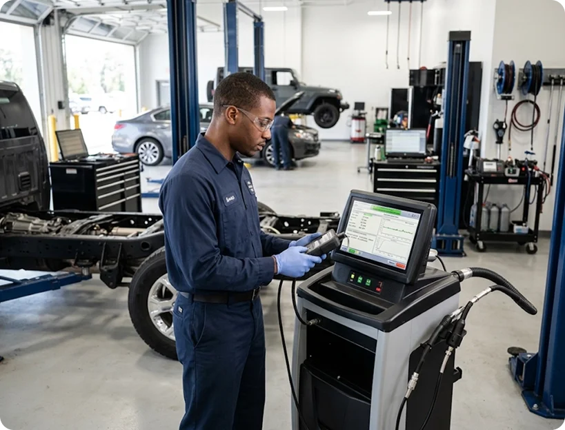 A Briggs Dodge Ram Fiat technician reading engine diagnostics on a shop scan tool beside a vehicle with its hood raised, further bays and lifts visible behind