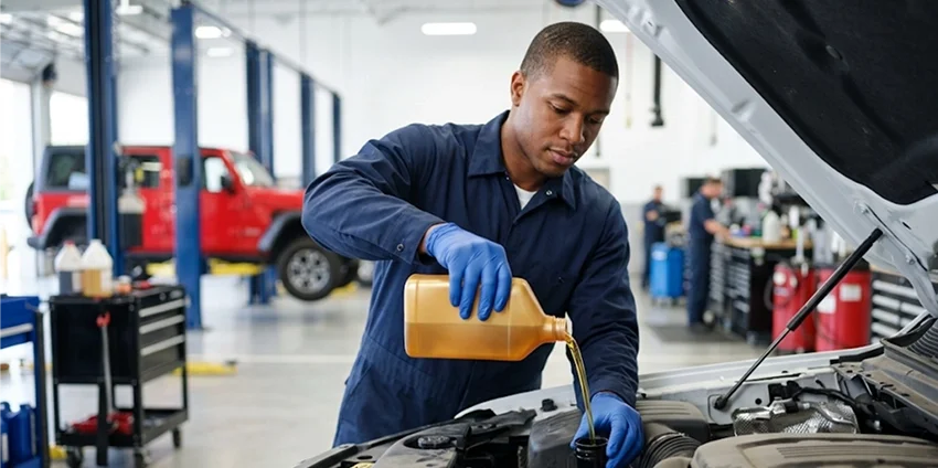 A Briggs Dodge Ram Fiat technician pouring fluid from a bottle into an open engine bay, a red Jeep and other vehicles on lifts in the background