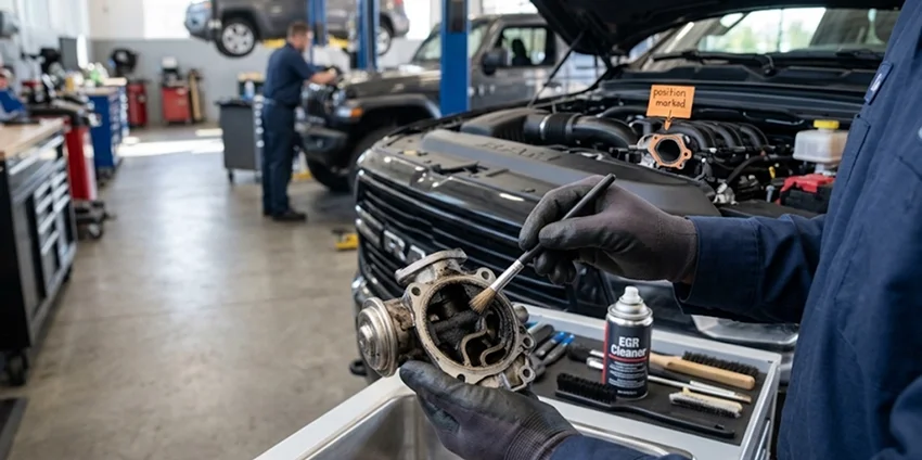 A close view of gloved hands cleaning carbon deposits from a removed EGR valve with a spray can and brush, an open engine bay behind