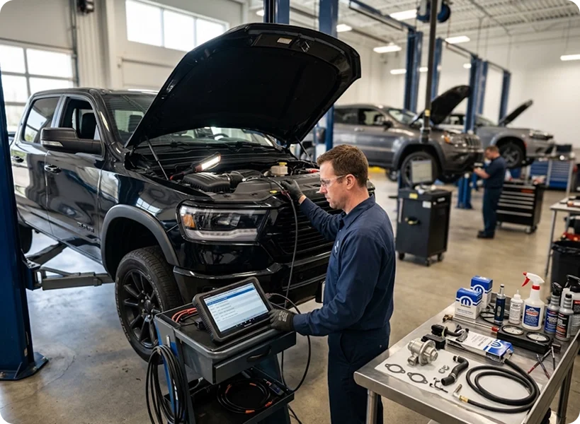 A Briggs Dodge Ram Fiat technician running EGR diagnostics on a tablet beside a black Ram with its hood open, replacement valves and hoses laid out on the bench beside him
