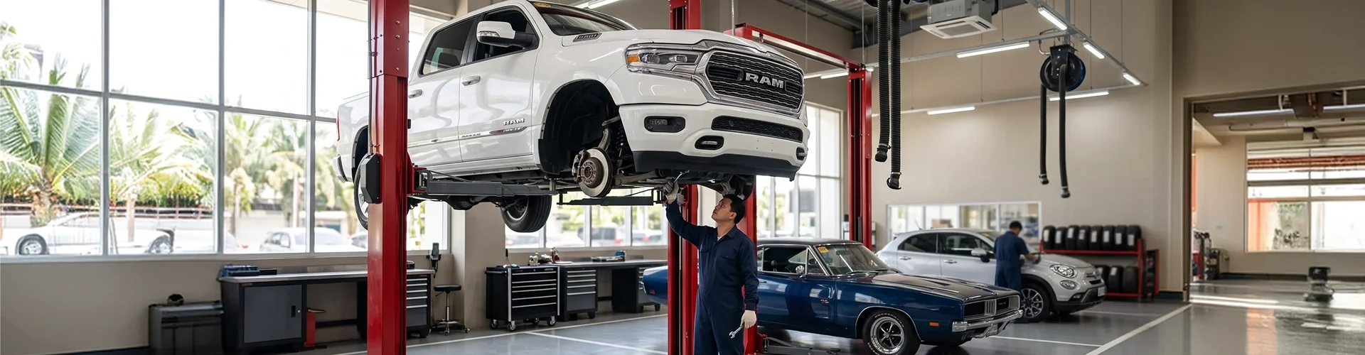 A white Ram 1500 raised on a two-post lift in the Briggs Dodge Ram Fiat shop while a technician reaches up under it with a wrench, a dark blue classic Dodge Charger parked in the next bay and a second technician at a white Fiat 500X beside the tire racks