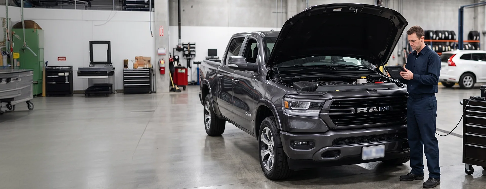 A Briggs Dodge Ram Fiat technician running engine diagnostics on a tablet beside a gray Ram 1500 with its hood raised, a rolling tool cart at his side and racks of tires along the back of the shop