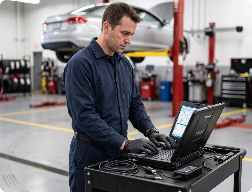 A Briggs Dodge Ram Fiat technician in gloves working a rugged diagnostic laptop on a rolling cart of scan tools and cables, with a silver sedan raised on a lift and racks of tires in the bays behind him