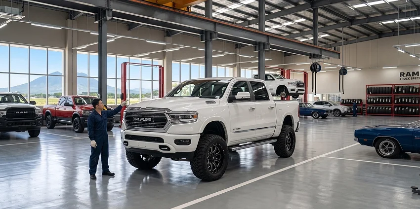 A Briggs Dodge Ram Fiat technician standing at the front of a white lifted Ram 1500 on the shop floor, with more Ram pickups, a blue classic Dodge Charger and a Ram Truck Specialist sign in the bays around him