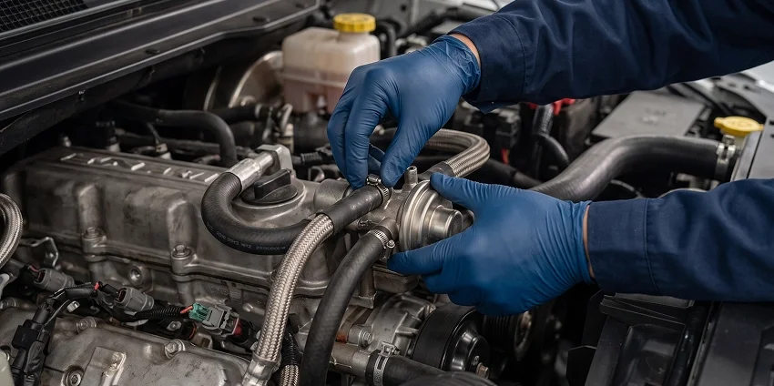 A close view of a technician's blue-gloved hands working on the EGR valve and its braided feed line in an open engine bay