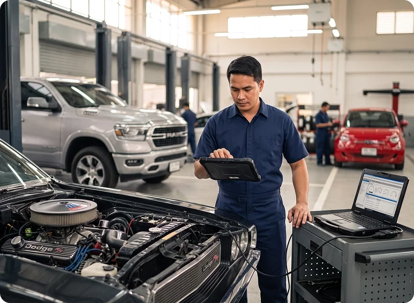 A Briggs Dodge Ram Fiat technician running EGR diagnostics on a tablet beside a black classic Dodge with its hood open, a rugged laptop on the cart beside him and a silver Ram and red Fiat 500 in the bays behind