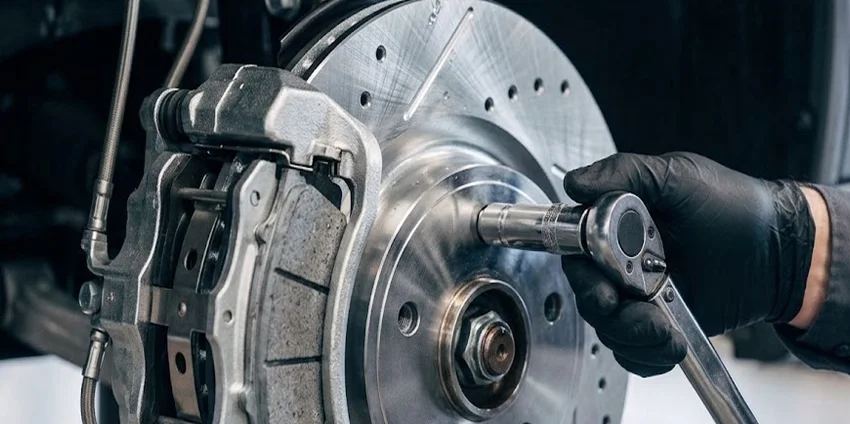 A close view of gloved hands torquing the caliper bracket bolts on a slotted front brake rotor with a socket wrench