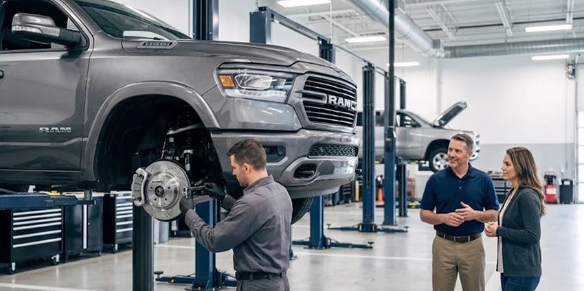 A Briggs Dodge Ram Fiat technician inspecting the front brakes of a grey Ram 1500 on a lift while a service advisor speaks with a customer nearby
