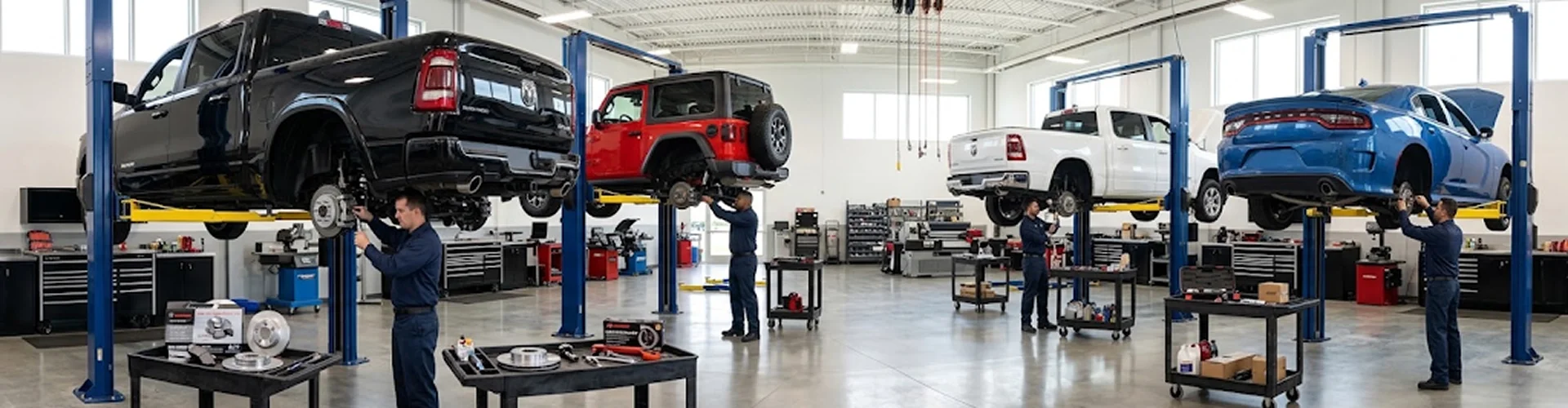 Four vehicles raised on lifts across the Briggs Dodge Ram Fiat shop, a black Ram, a red Jeep Wrangler, a white Ram and a blue Dodge Charger, with technicians servicing the rear brakes on each