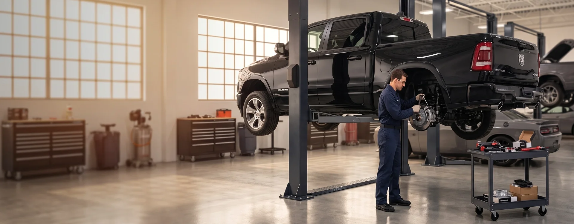 A black Ram 1500 raised on a two-post lift with a rear wheel removed while a Briggs Dodge Ram Fiat technician services the rear brake assembly, a parts cart standing beside the bay