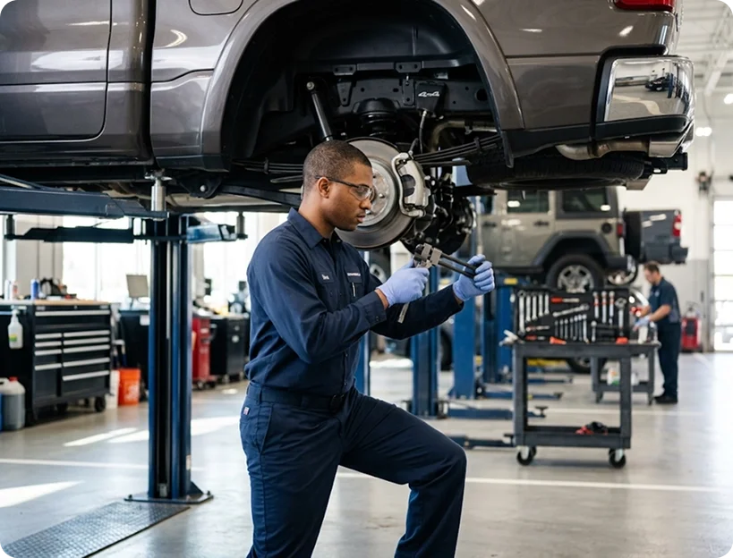 A Briggs Dodge Ram Fiat technician servicing the exposed rear brake rotor and caliper of a vehicle raised on a lift, a tool cart standing on the shop floor beside him