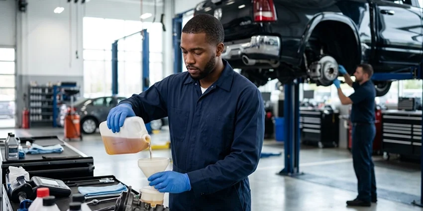 A Briggs Dodge Ram Fiat technician pouring brake fluid at the parts bench while a colleague works beneath a raised vehicle in the bay behind