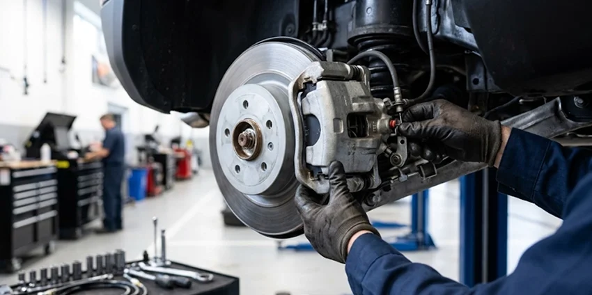 A close view of gloved hands removing the caliper from a rear disc brake assembly on a raised vehicle, the rotor and hub fully exposed