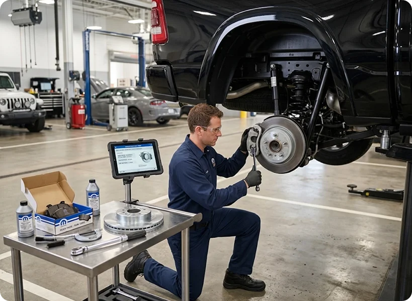 A Briggs Dodge Ram Fiat technician kneeling at the rear brake assembly of a raised black vehicle with a diagnostic tablet, replacement rotors and fluid staged on the cart beside him
