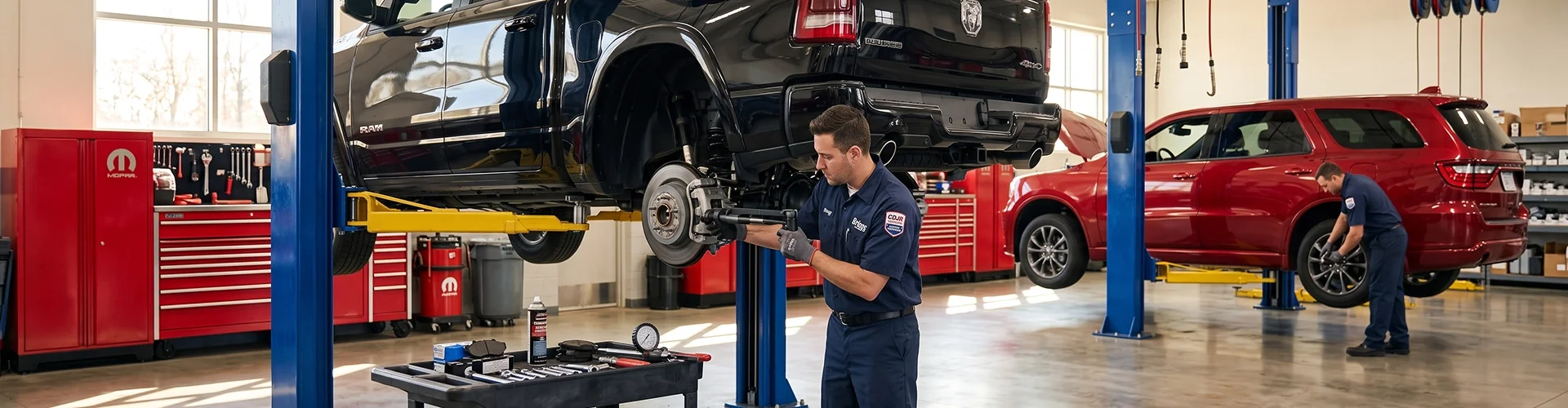 A black Ram 1500 raised on a two-post lift with a rear wheel removed while a Briggs Dodge Ram Fiat technician works the rear brake assembly with a power tool, a cart of new brake pads, sockets and a gauge in front of him, red Mopar cabinets along the wall and a red Dodge Durango on the lift in the next bay with a second technician at its wheel