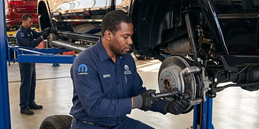 A Briggs Dodge Ram Fiat certified technician kneeling at the exposed rear rotor and caliper of a raised black truck with the wheel off beside him, while a colleague works on a vehicle in the bay behind