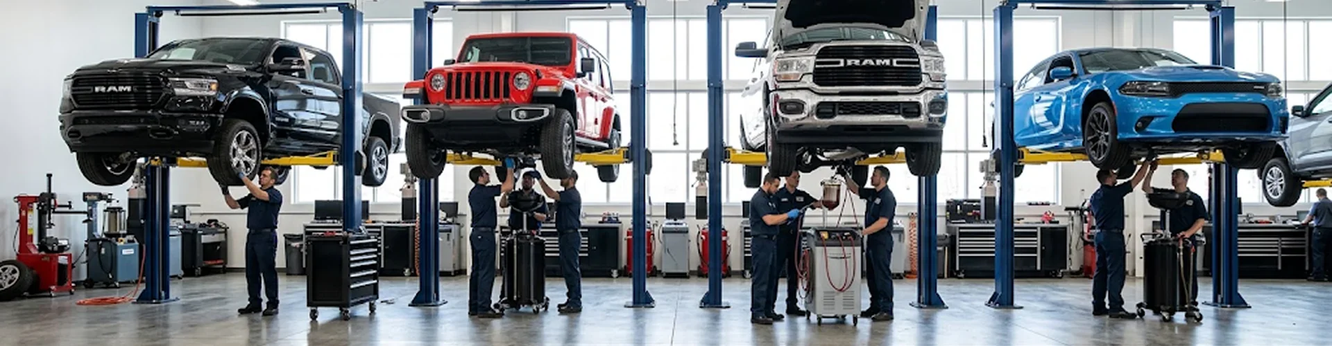 A black Ram 1500, a red Jeep Wrangler, a white Ram heavy duty and a blue Dodge Charger raised on lifts across the Briggs Dodge Ram Fiat shop with technicians working under each