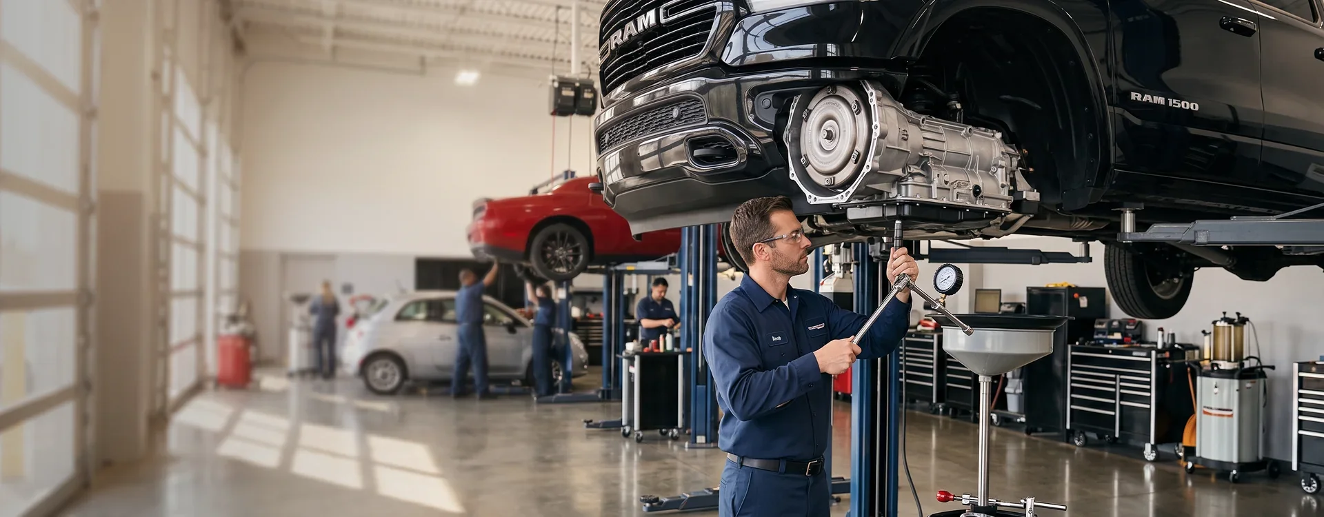 A black Ram 1500 raised on a lift with its transmission lowered onto a jack while a Briggs Dodge Ram Fiat technician works beneath it, a red Dodge Challenger and a white Fiat 500 in the bays behind