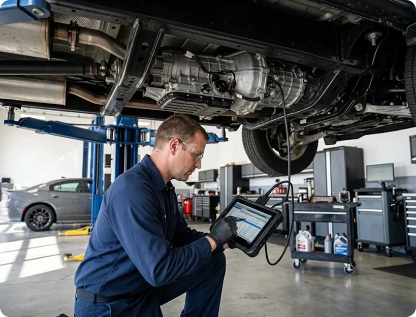 A Briggs Dodge Ram Fiat technician kneeling under a raised vehicle with a diagnostic tablet, reading the transmission while the vehicle is still on the lift
