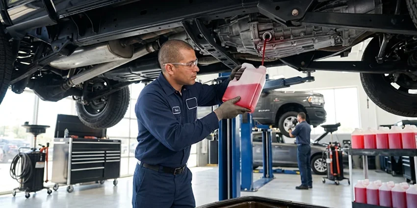 A Briggs Dodge Ram Fiat technician adding transmission fluid from a bottle beneath a raised truck, rows of fluid bottles lined up beside the lift