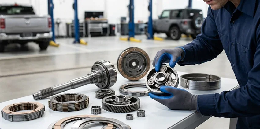 A gloved technician laying out the disassembled internals of an automatic transmission on the bench, clutch packs, planetary gears and bearings spread across the surface