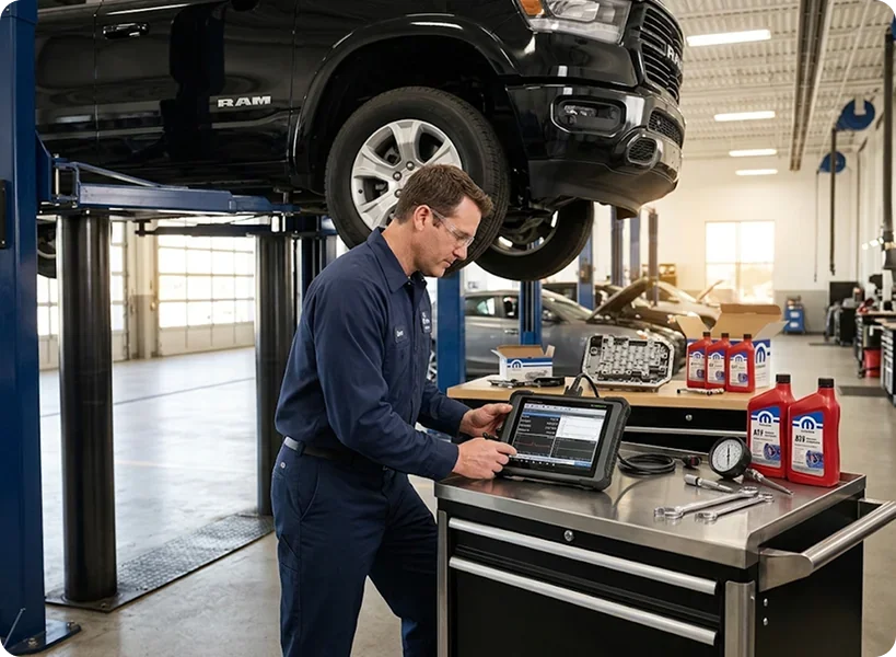 A Briggs Dodge Ram Fiat technician running transmission diagnostics on a laptop beside a black Ram raised on a lift, Mopar fluid bottles and a transmission on the bench behind