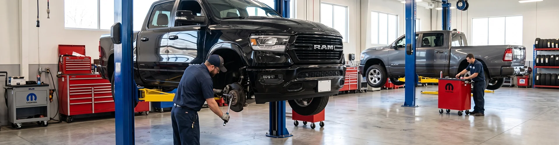 A black Ram 1500 raised on a two-post lift with a front wheel removed while a Briggs Dodge Ram Fiat technician works on the hub with a ratchet, red Mopar tool chests lining the wall, a gray Ram in the next bay with a second technician at a red Mopar service cart and racks of tires along the back