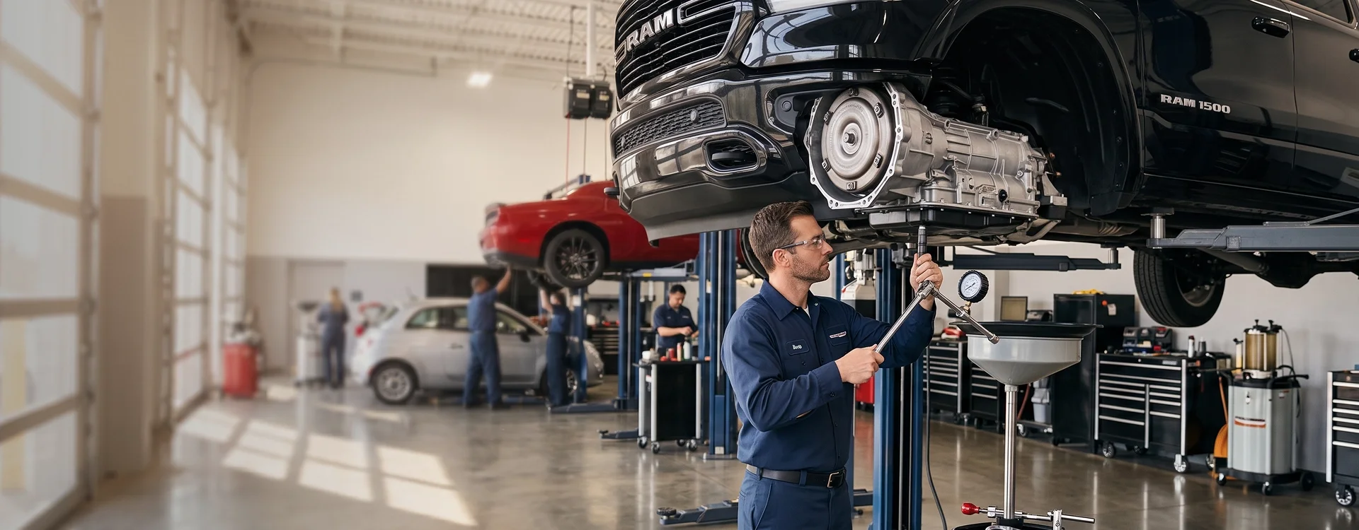 A black Ram 1500 raised on a lift with its transmission lowered onto a jack while a Briggs Dodge Ram Fiat technician works beneath it, a red Dodge Challenger and a white Fiat 500 in the bays behind