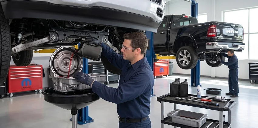 A Briggs Dodge Ram Fiat technician in safety glasses steadying a transmission on a transmission jack beneath a white Ram raised on a lift, with a Mopar tool chest behind him, a cart of fluid bottles and hand tools at his side and a black Ram on a lift in the next bay