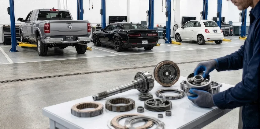 A gloved Briggs Dodge Ram Fiat technician holding a planetary gear set above a bench spread with disassembled automatic transmission internals, including the input shaft, clutch pack, gear rings and bearings, with a Ram, a Challenger and a Fiat 500 on lifts behind him