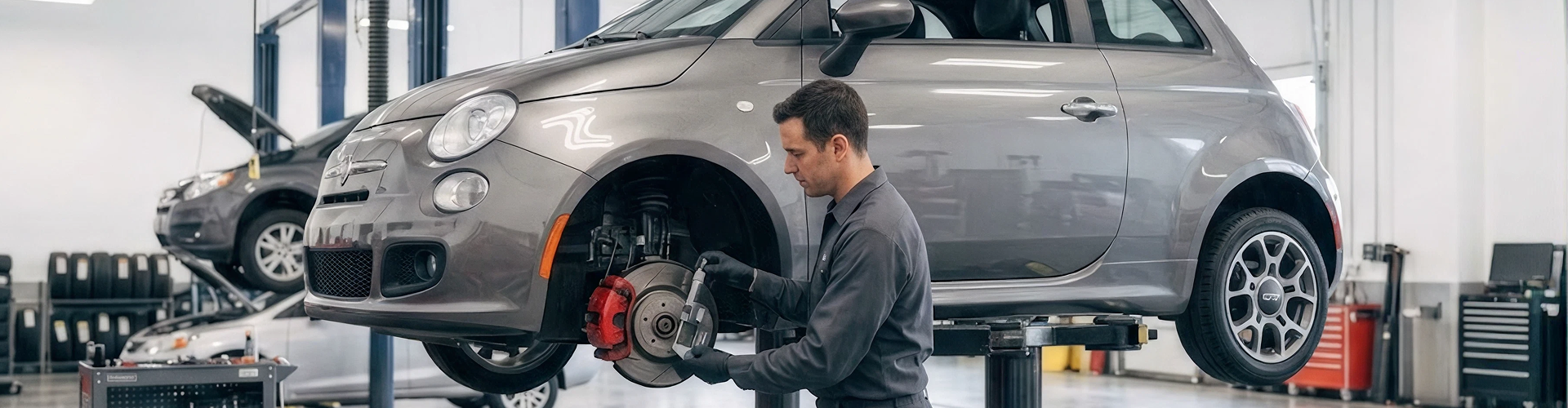 A Briggs Dodge Ram Fiat technician servicing the front brakes of a grey Fiat 500 raised on a lift, its front wheel removed to expose the rotor and red caliper