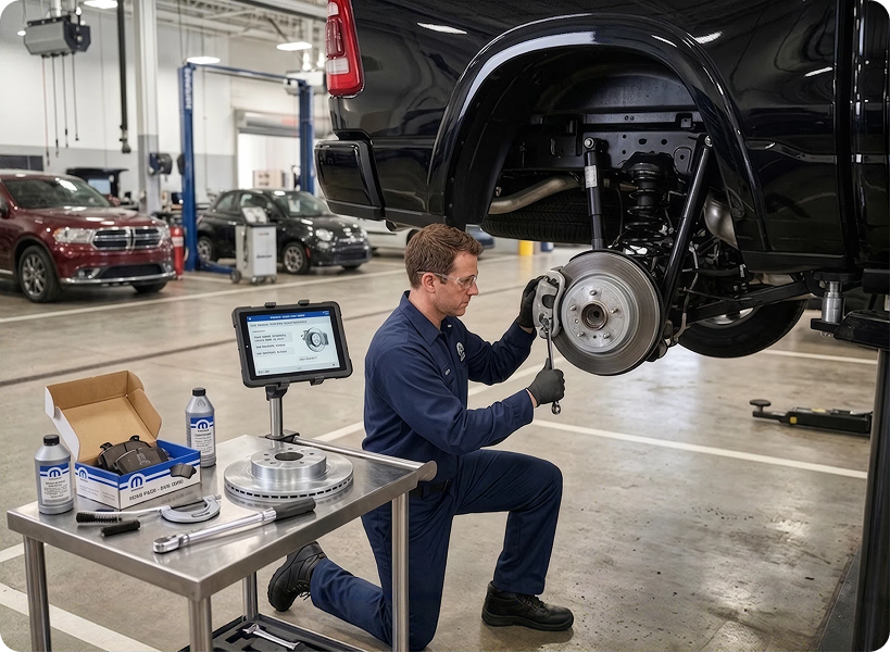 A Briggs Dodge Ram Fiat technician kneeling at the exposed rear rotor and hub of a raised black truck, with a service tablet, a new rotor and boxed Mopar brake pads and fluid staged on the cart beside him
