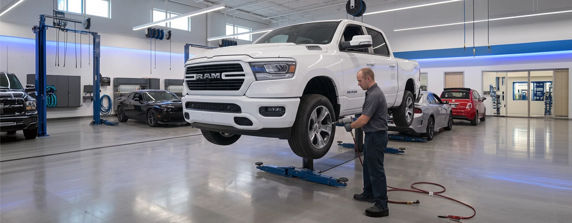 A white Ram 1500 crew cab raised on a lift inside the Briggs Dodge Ram Fiat service shop while a technician runs an impact wrench at the front wheel, with a black Dodge Challenger, a silver Charger and a red Fiat 500 in the surrounding bays